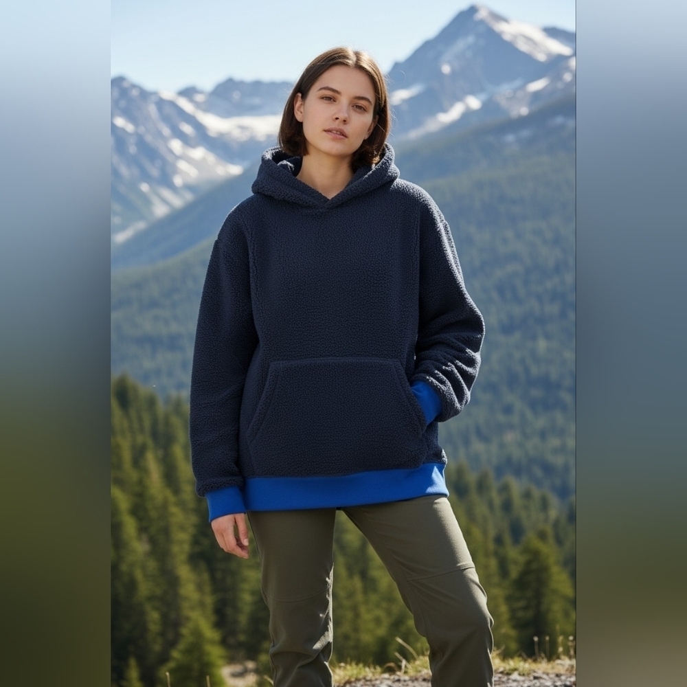 Lands End Kids Unisex Blue Hooded, Pockets Fleece Pullover Jacket NWT L 10-12